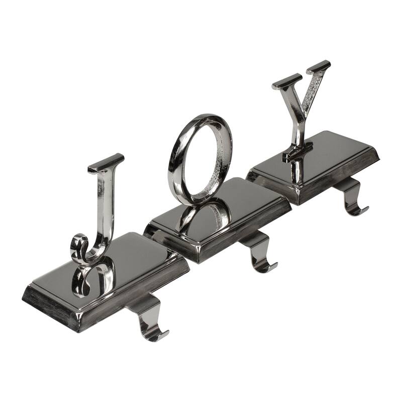 Set of 3 Shiny Silver Beveled JOY Christmas Stocking Holders 5"