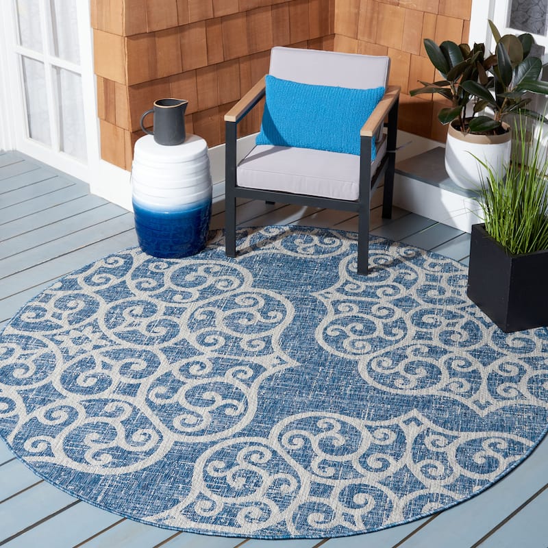 SAFAVIEH Courtyard Judy Indoor/ Outdoor Waterproof Patio Backyard Rug - 6'7" Round - Navy/Grey