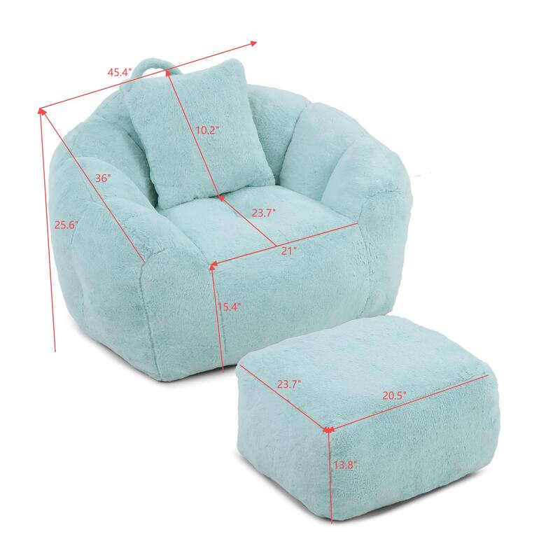 Faux Fur Shell Bean Bag Chair Sets with Footstool and High-Density Foam