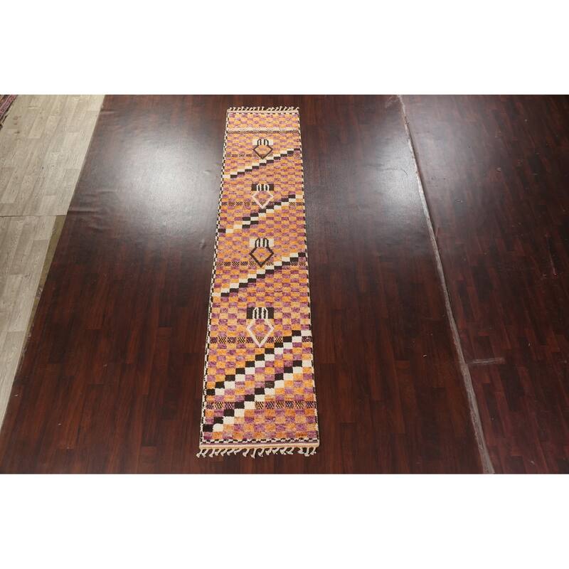 Checkered Modern Moroccan Oriental Runner Rug Hand-knotted Wool Carpet - 2'11" x 12'11"