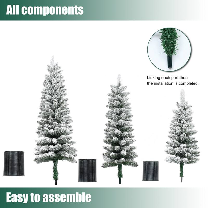 Set of 3 Snow-Flocked Christmas Trees with Metal Pots - 60" H x 15.7" Diameter
