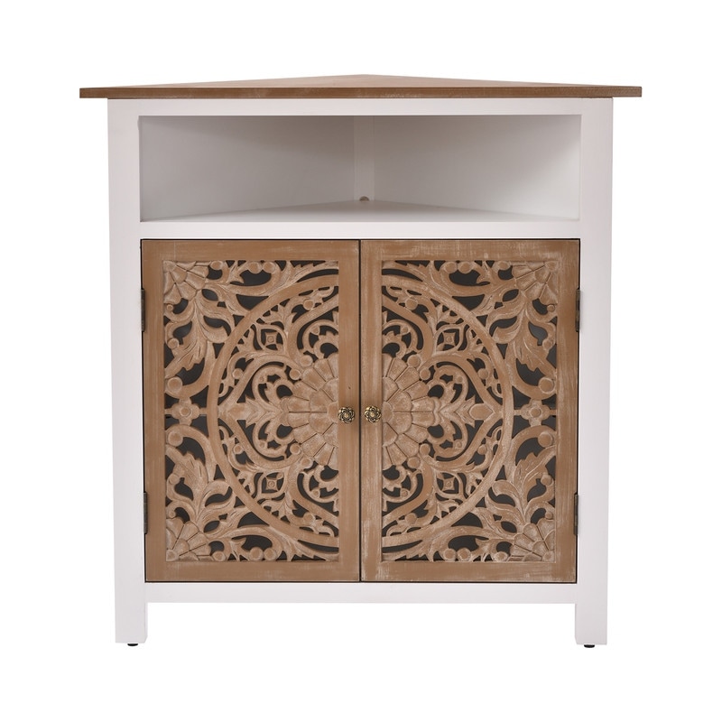 Farmhouse Rustic White 2-Door Corner Cabinet With Hand-Carved Detailing & Storage Shelf - 32 in. H