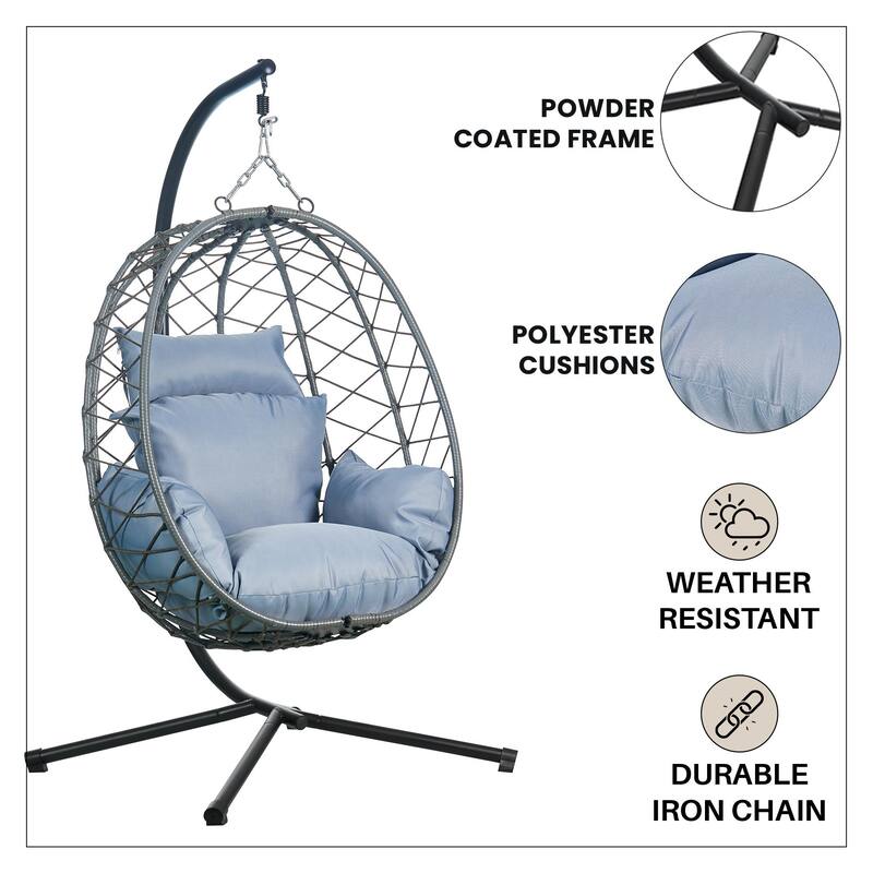 LeisureMod Summit Foldable Hanging Egg Swing Chair with Removable Cushion for Porch, Patio, Backyard, Garden, Lounge