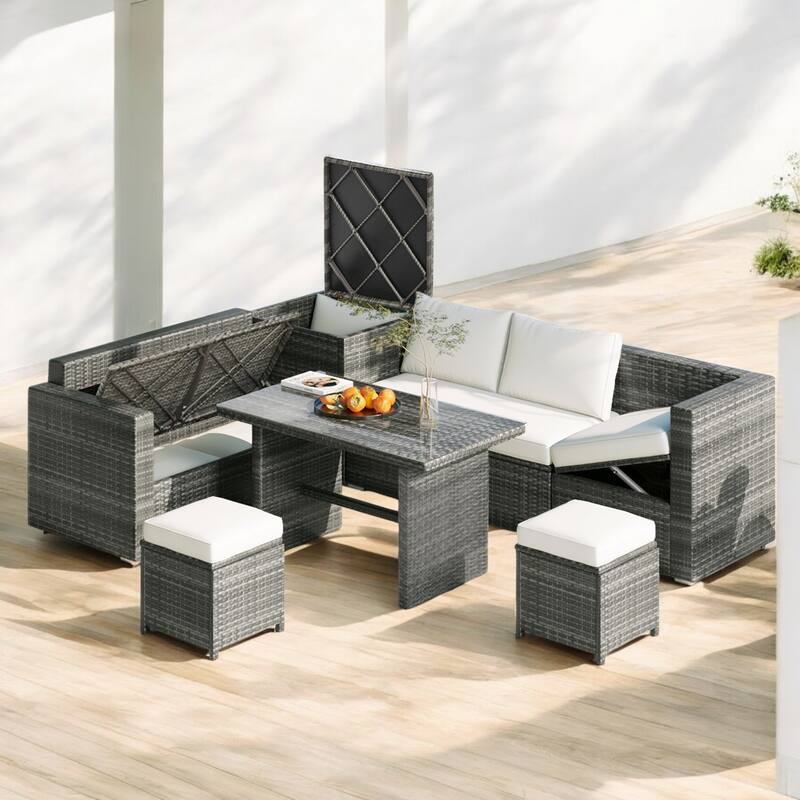 6-Piece Outdoor All-Weather PE Rattan Sofa Set with Adjustable Seating, and Glass Table for Patio, Garden, or Backyard - Beige