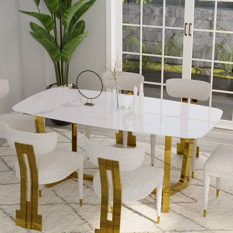 70 inch Dining Table Set with Boucle Dining Chairs