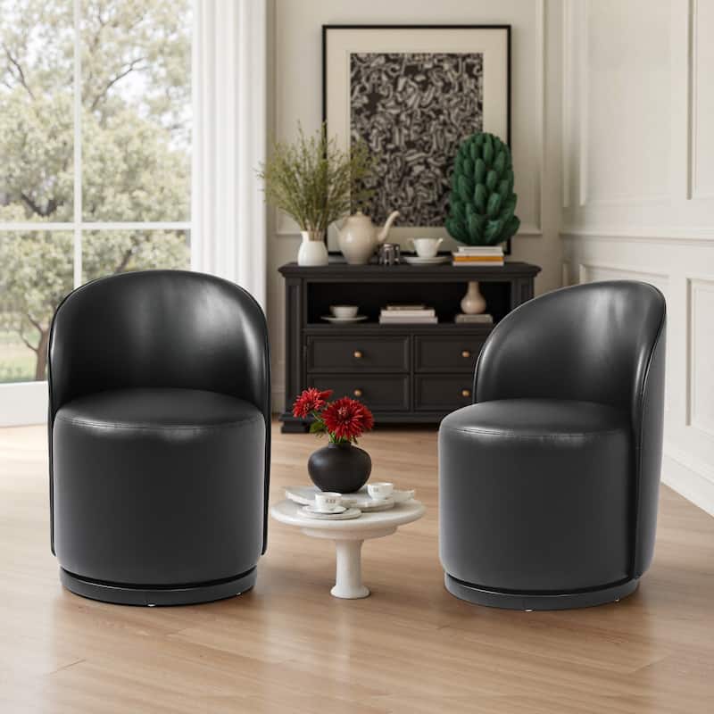 Modern Armless 360-Degree Swivel Dining Chair Barrel Chair - SET OF 2 - BLACK LEATHER