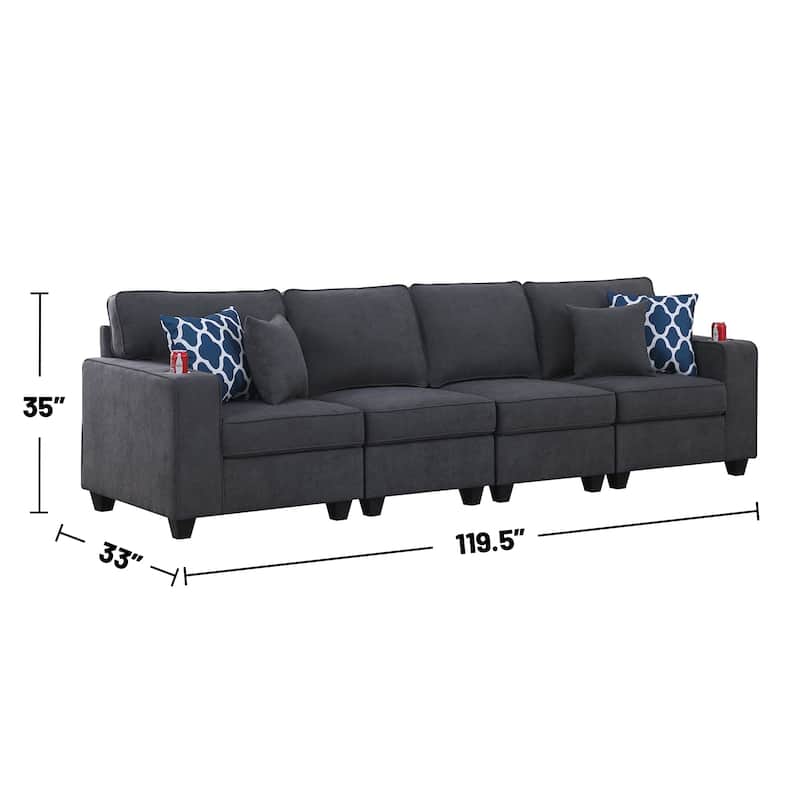 Woven Upholstered 4-Seater Sofa with 2 Cupholder in Stone Gray