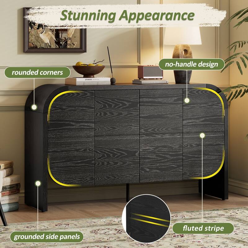 Retro Wood Sideboard Buffet Cabinet with Curved Edge, 4 Doors & Adjustable Shelves for Kitchen or Hallway