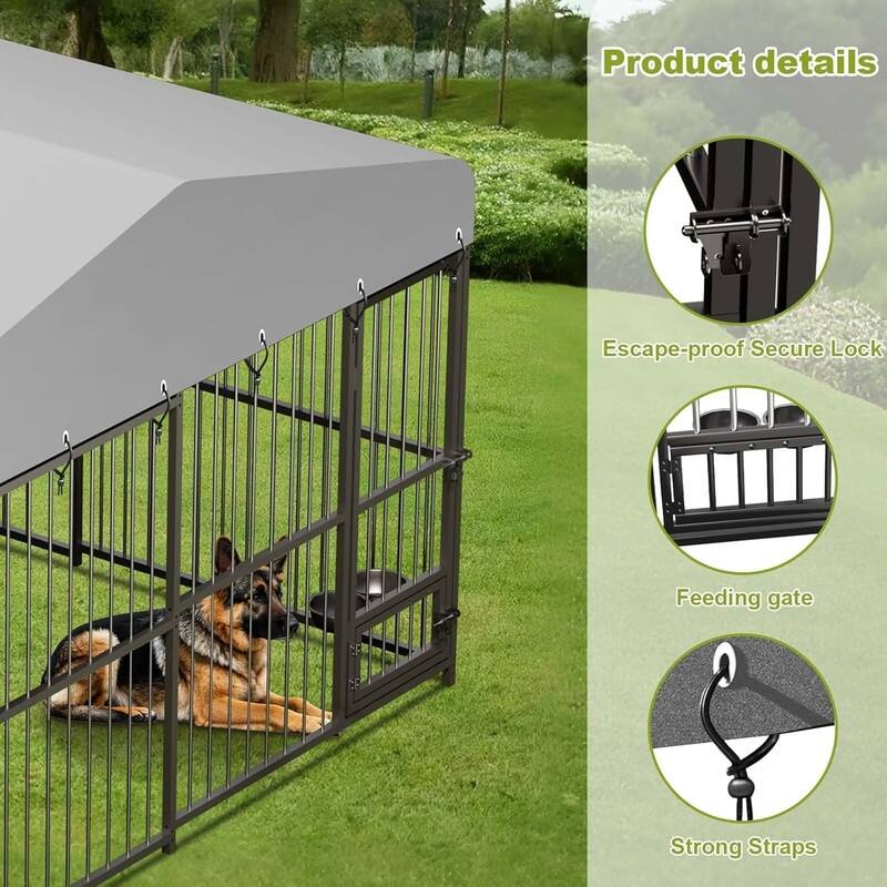Dog Cage Kennel with Rotating Feeding Bowl Waterproof Roof Cover
