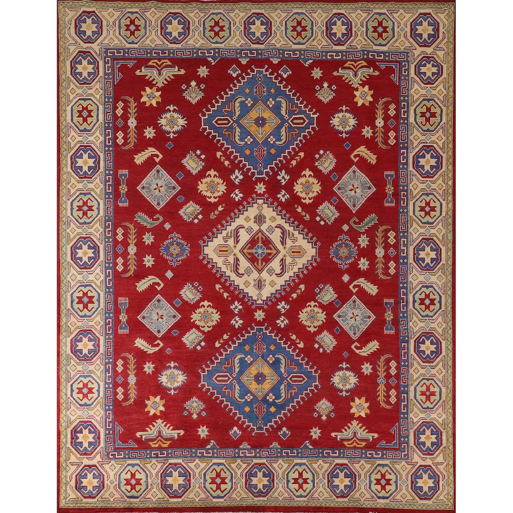 Red Geometric Kazak Rug Handmade Wool Carpet - 7'10"x 9'6"