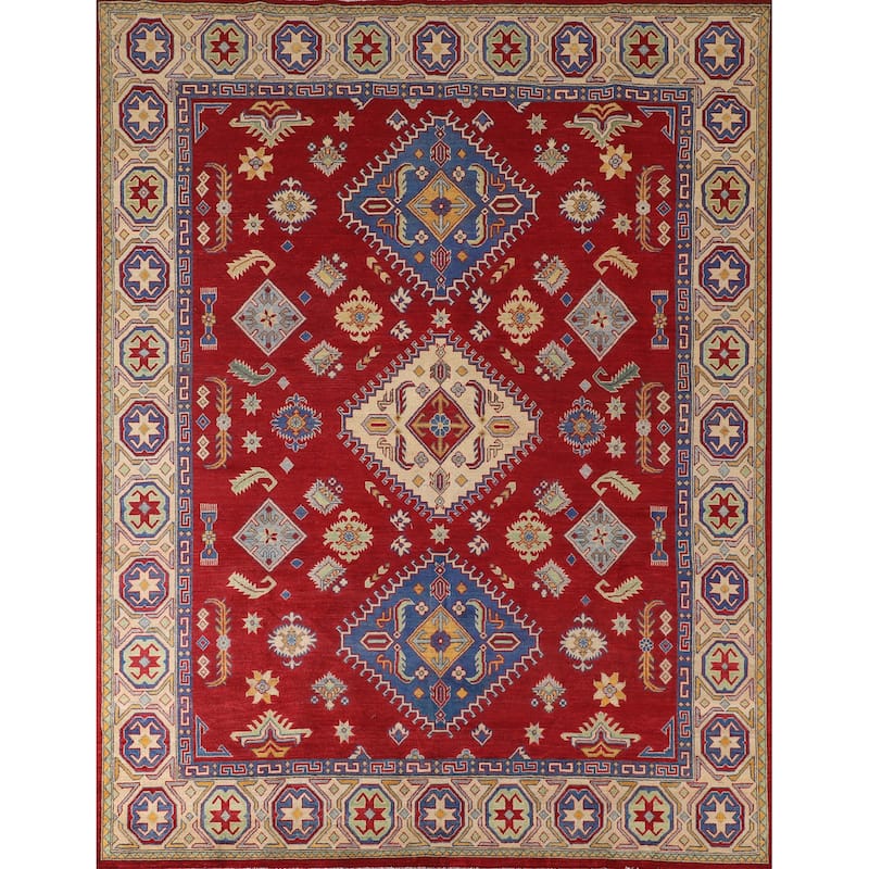 Red Geometric Kazak Rug Handmade Wool Carpet - 7'10"x 9'6"