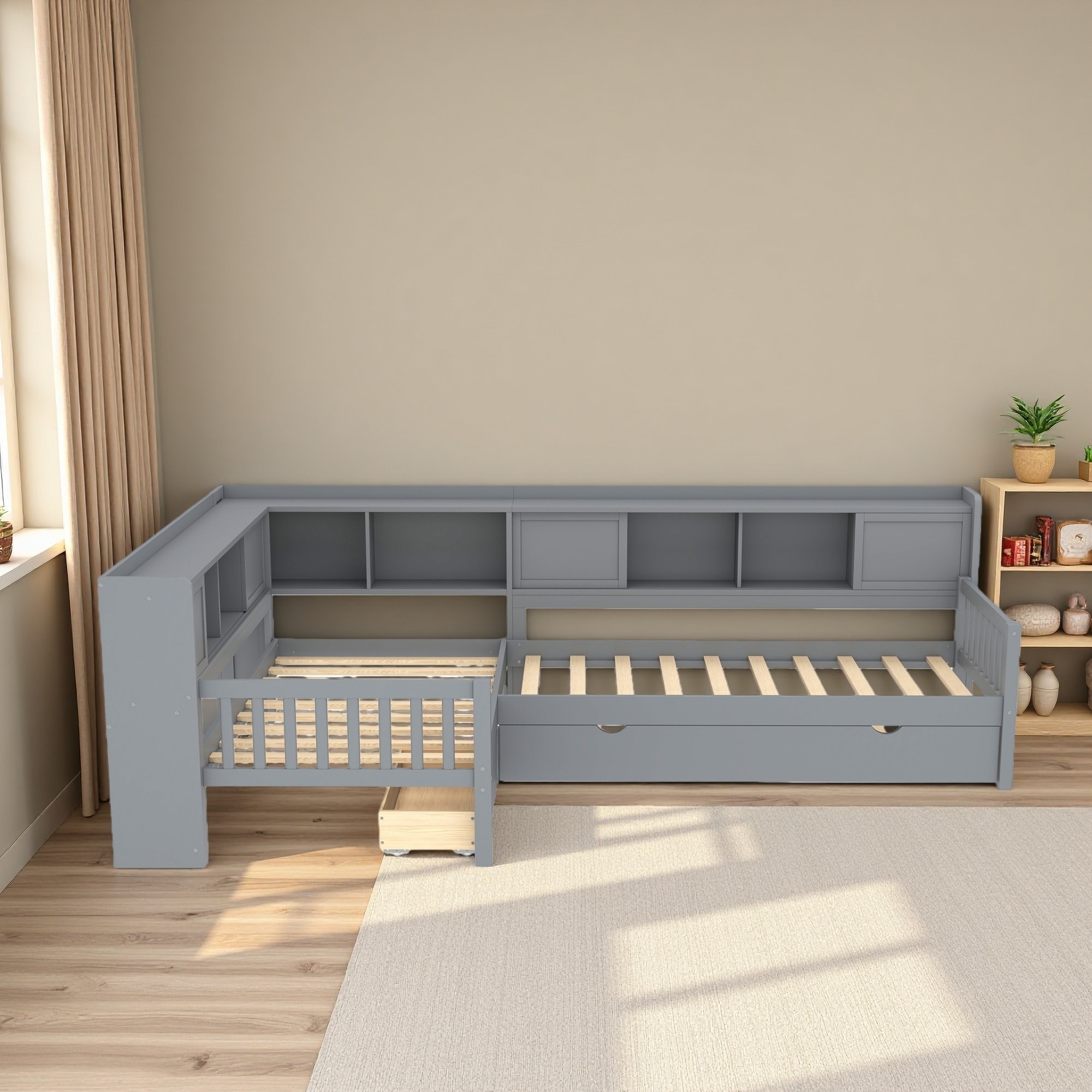 Twin Size L-Shaped Platform Bed with Trundle, Solid Wood with Storage Drawers and Shelves, No Box Spring Needed