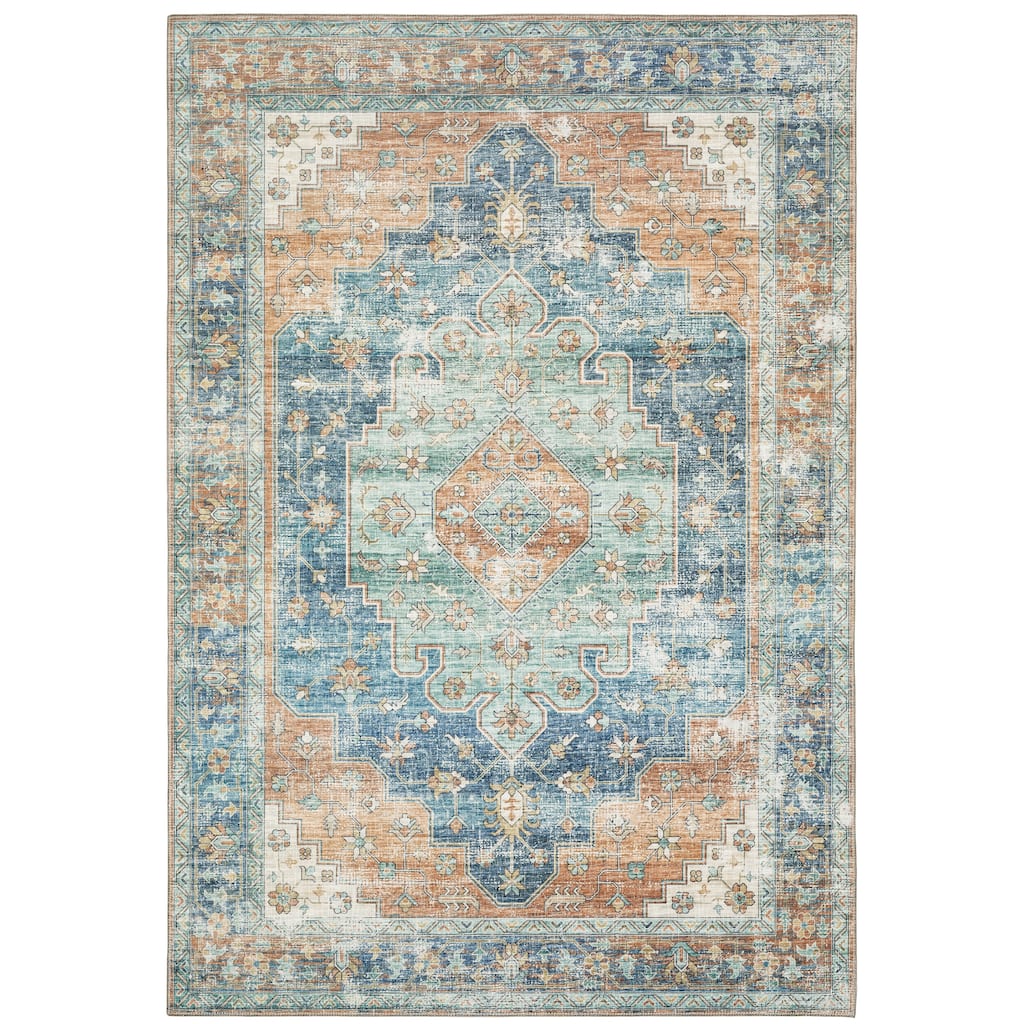 Newry Rust Blue Oriental Distressed Traditional Casual Area Rug