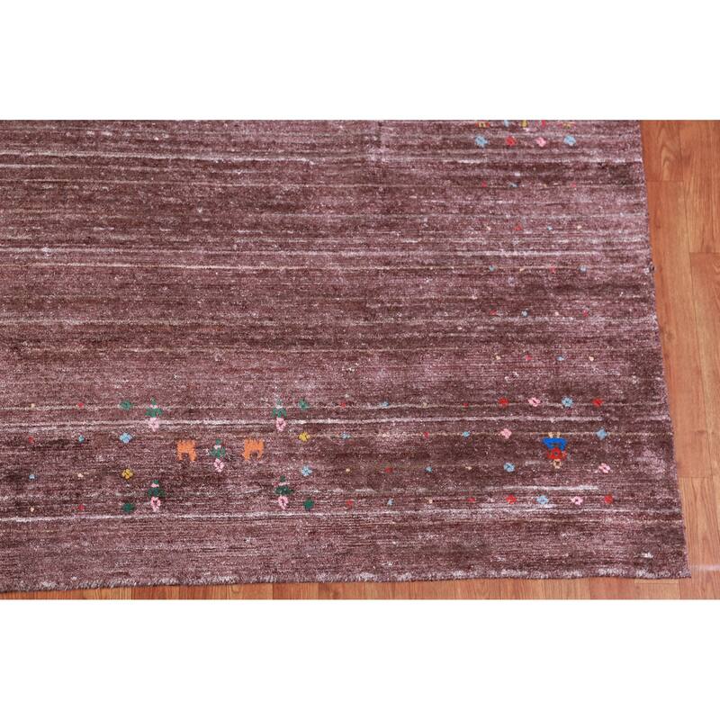 Hand Knotted Oriental Viscose Silk Carpet Tribal Stripe Brown Gabbeh Area Rug - 9' 10'' X 8' 2''