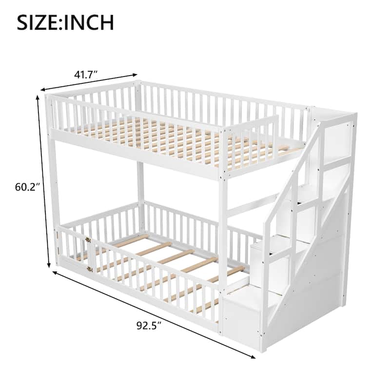 Twin Over Twin Floor Bunk Bed Frame with Storage Stairs and Door