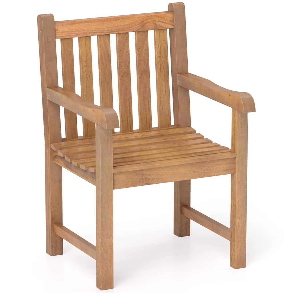Gymax Teak Wood Patio Dining Chair Outdoor Armchair w/ Slatted Seat &