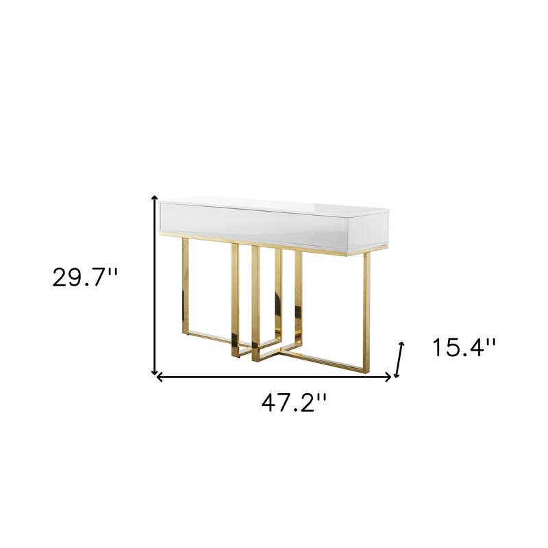 HomeRoots 47" White Wood and Gold Stainless Steel Sled Console Table With Two Drawers - 47.2' X '29.7' X '15.4