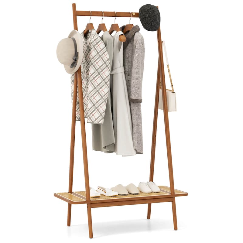 Costway Bamboo Clothes Rack Clothing Rack with Hanging Rod Rattan - See Details - Coffee