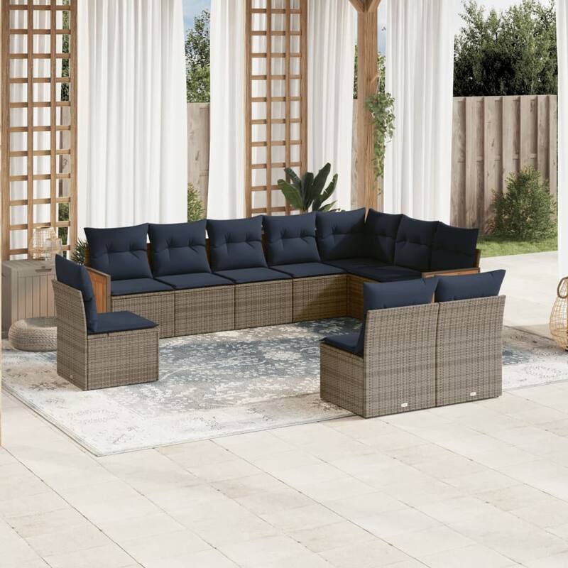 vidaXL 10/11 Piece Patio Sofa Set with Cushions Black/Gray Poly Rattan - 21.7 x 24.4 x 27.2 - Gray Without table