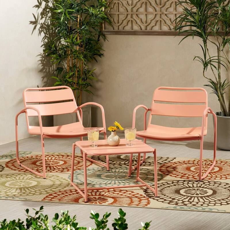 Roomfitters Outdoor Chat Set 3 Piece Metal Conversation Seating Slat Design Iron Chairs
