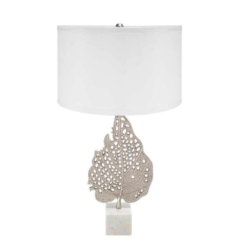 D15x29.3" White and Silver Leaf Table Lamp with Drum Shade and Marble Base (Lamp Shade Assembly Required)
