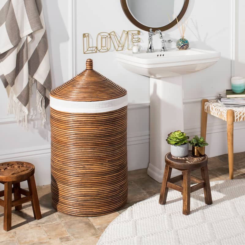 SAFAVIEH Hrissonka Rattan White Wash Storage Hamper with Liner - 19.5" x 19.5" x 33.1" - 20Wx20Dx33H