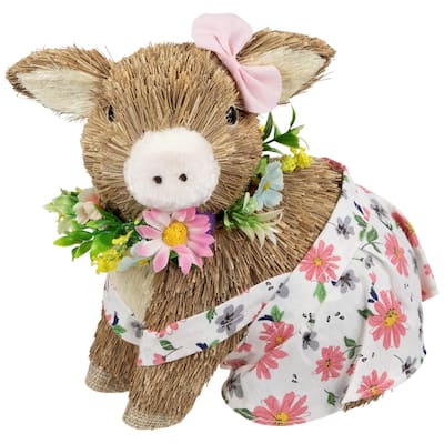 Girl Piglet with Floral Dress Spring Figurine - 7"