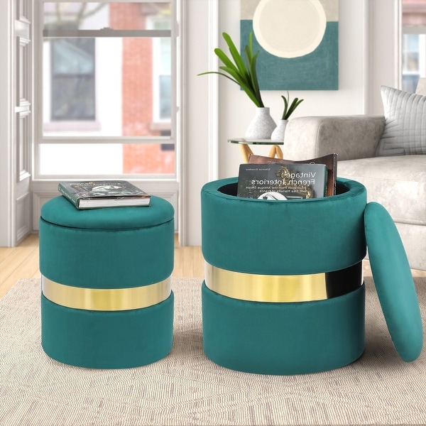 Adeco Set of 2 Velvet Storage Ottoman Round Foot Stool Metal Band On Sale Bed Bath Beyond 34500853