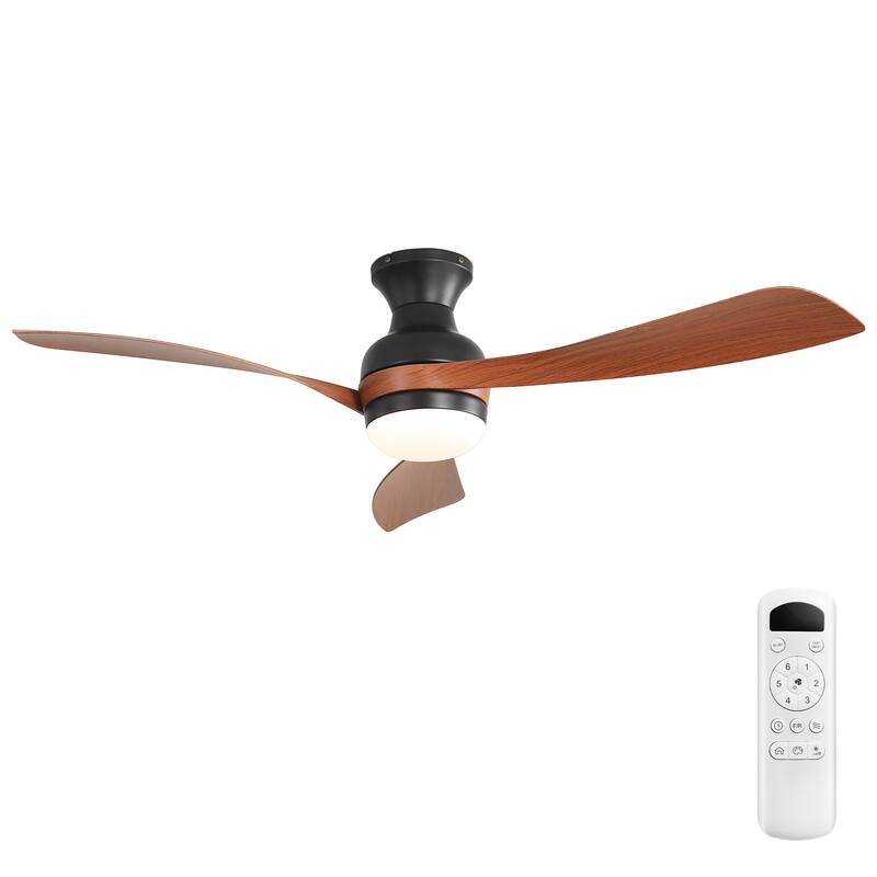 52Inch Flush Mount Ceiling Fan with Dimmable Light and Remote Control,With 3 ABS Fan Blades,6 Wind Speed Adjustable - 52 Inches - Black with Dark wood grain Blades