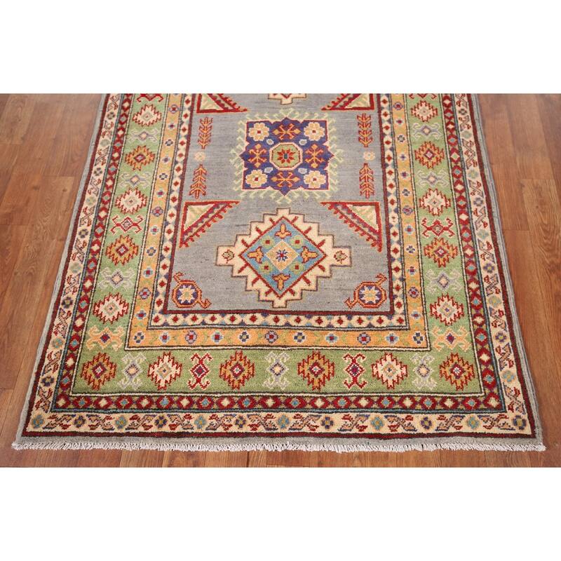 Geometric Grey Kazak Foyer Rug Hand-Knotted Wool Carpet - 3'5" x 4'10"