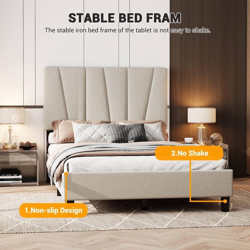 Upholstered Platform Bed with Adjustable Headboard and Slat Support
