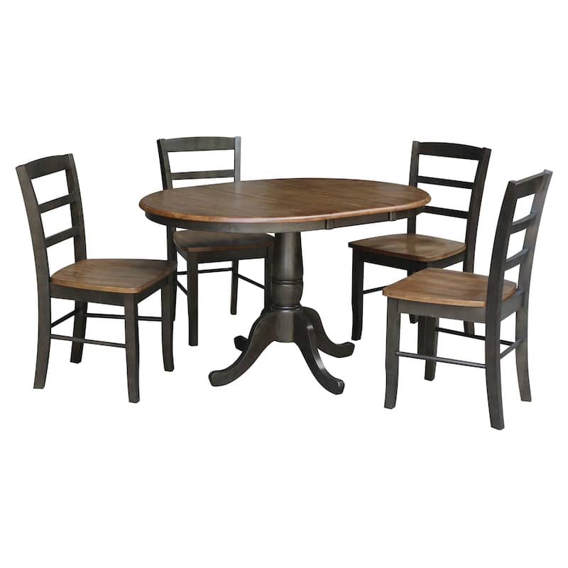 36" Round Top Pedestal Ext Table with 12" Leaf and 4 Madrid Chairs - Hickory/Washed coal