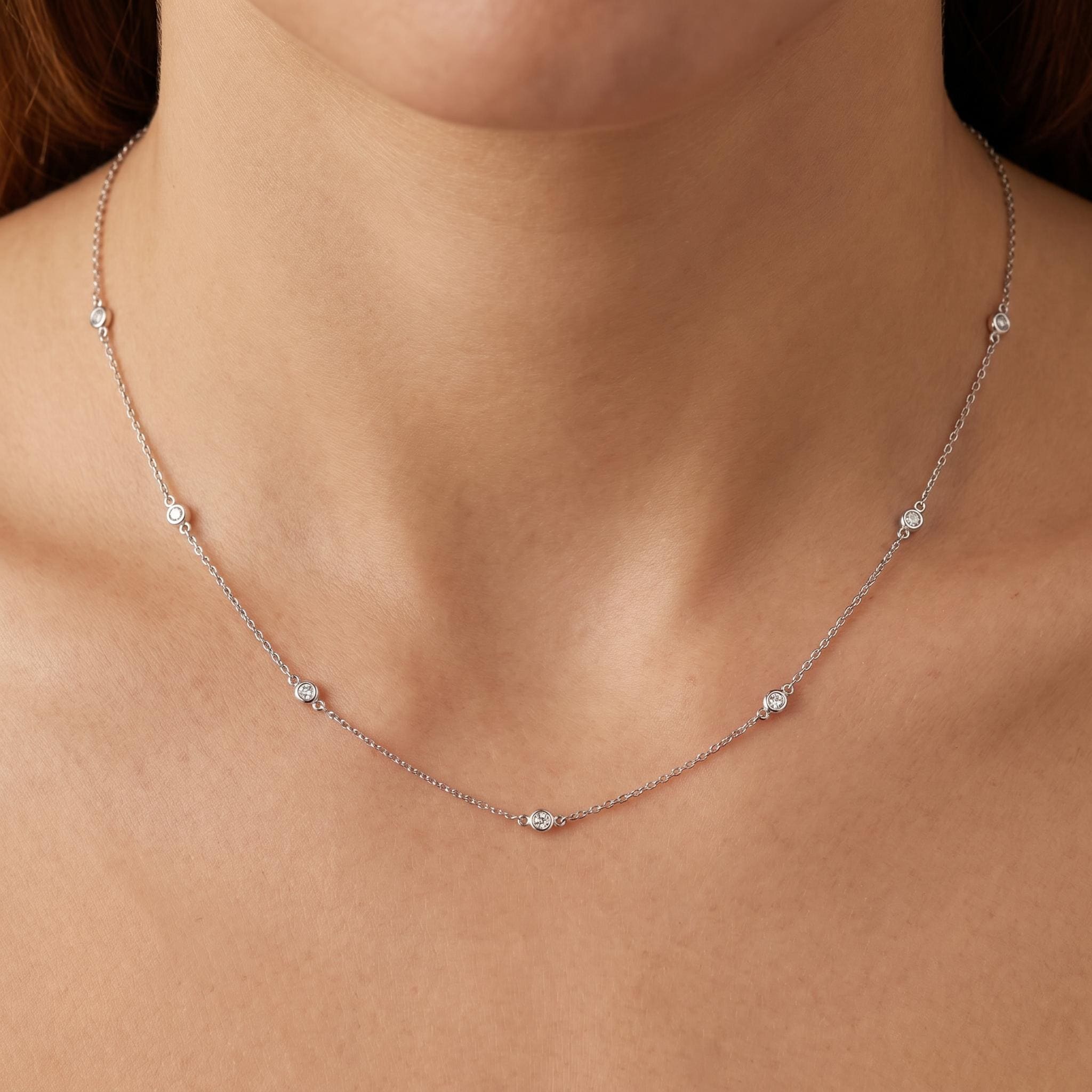 Bliss Diamond 1/4ct Diamonds Bezel Station Necklace 18" White Gold Womens