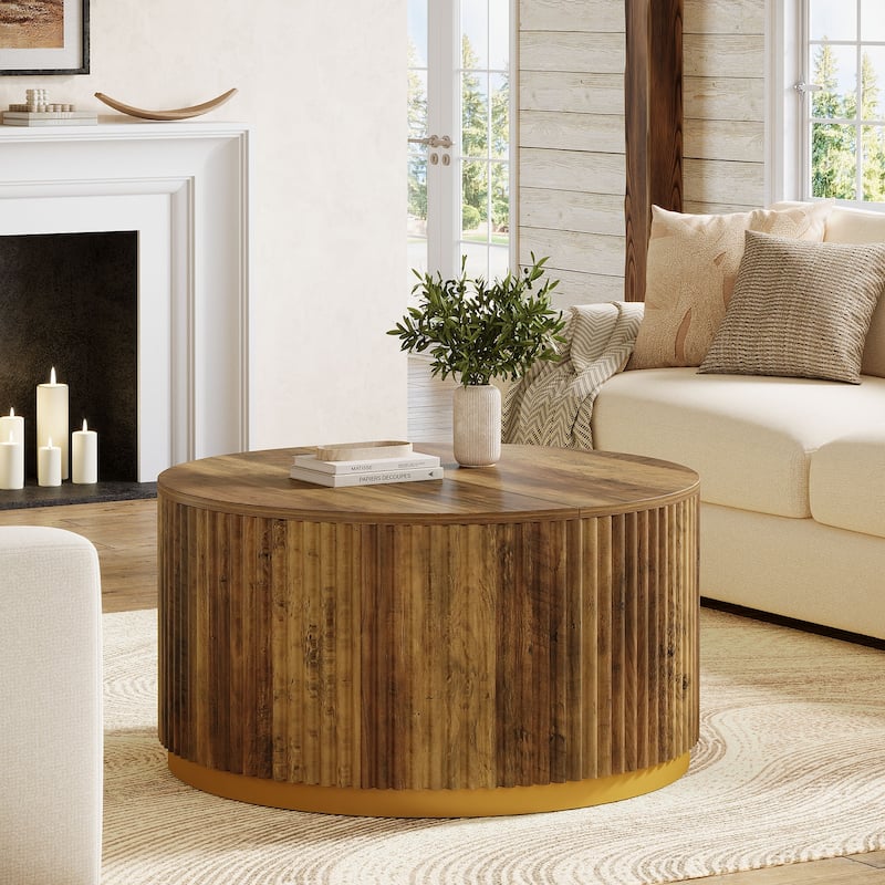 Round Coffee Table, Fluted Wooden Center Table, Mid Century Modern Table for Living Room or Office