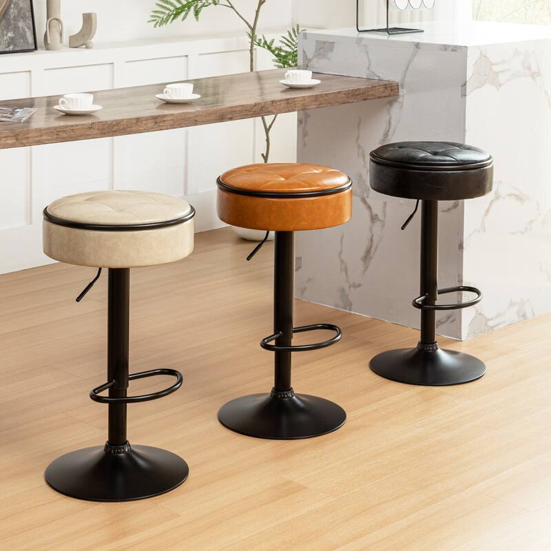 Round Storage Bar Stool Set of 2, Faux Leather Height Adjustable, 360°Counter Height Swivel Stool, Armless with Metal Frame