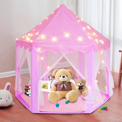Princess Tent Girls Playhouse Kids Castle Play Tent with Rug & Lights - 55x53"