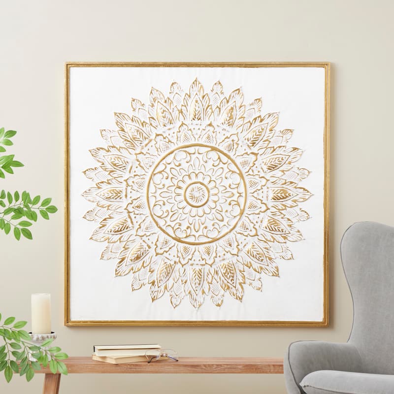Metal Floral Leaf Mandala Wall Decor with White Backing - Gold - Roche River Decor