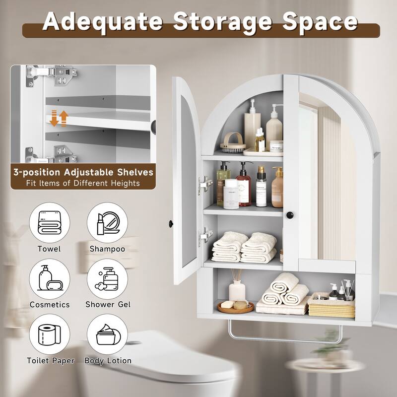 Wall Mounted Arched Cabinet with Mirrored Doors and Adjustable Shelves for Laundry Room, Bathroom, Kitchen