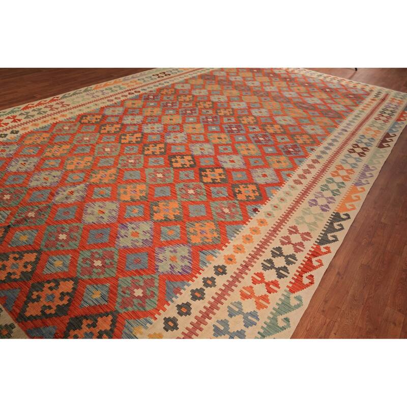 Geometric Trellis Kilim Oriental Large Rug Hand-Woven Wool Carpet - 9'9" x 16'3"
