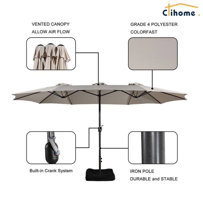 Clihome 15Ft Double-Sided Patio Market Umbrella, Outdoor Umbrella with Base