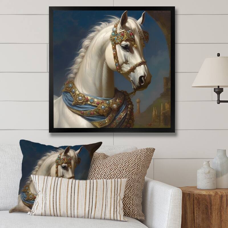 Designart "Portrait Of Majestic White Horse" Animals Horse Framed Wall Art Living Room - 36 in. wide x 36 in. high - Black