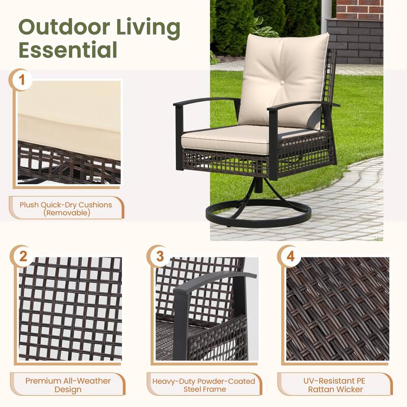 Outdoor Swivel Rocker Patio Chairs Set of 2 with Coffee Table &Cushions, Rattan Bistro Set for Porch, Backyard, Balcony
