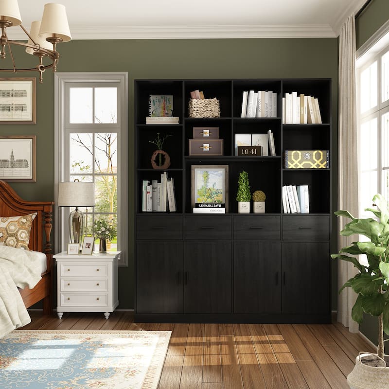Bookshelf Bookcase with 4 Doors,4 Drawers & Storage Shelve,Black - 78.7"H - Black