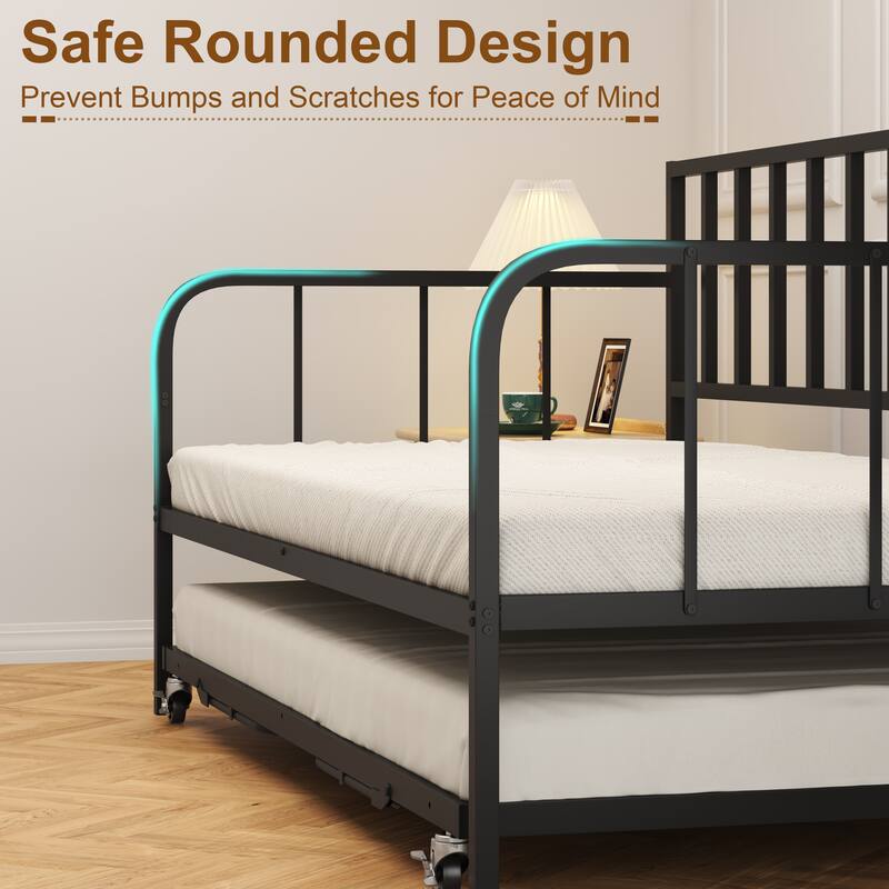 Space-Saving Twin Daybed with Trundle, Heavy Duty Metal Frame, Under-Bed Storage, for Living Room, Bedroom, Guest Room