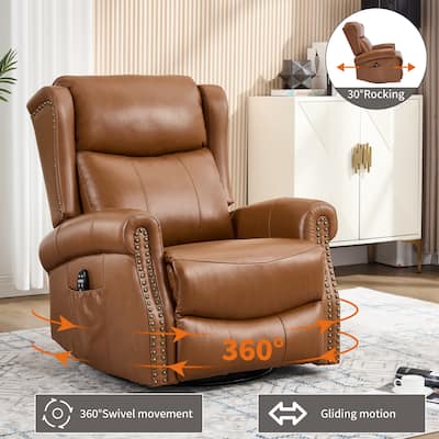 Genuine Leather Swivel Recliner Chair, Sofa Chair with Side Pockets, Manual Recliner Chair with Heat & Massage