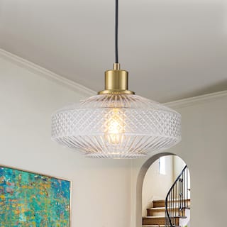 10.24 in. Modern Gold Pendant with Textured Glass, Adjustable Hanging Chandelier