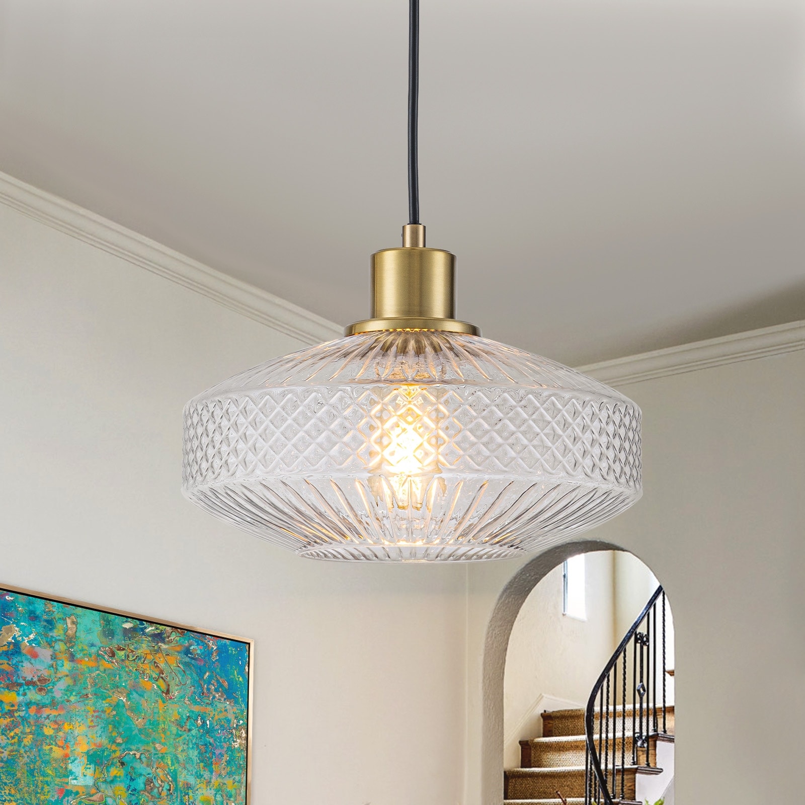 10.24 in. Modern Gold Pendant with Textured Glass, Adjustable Hanging Chandelier