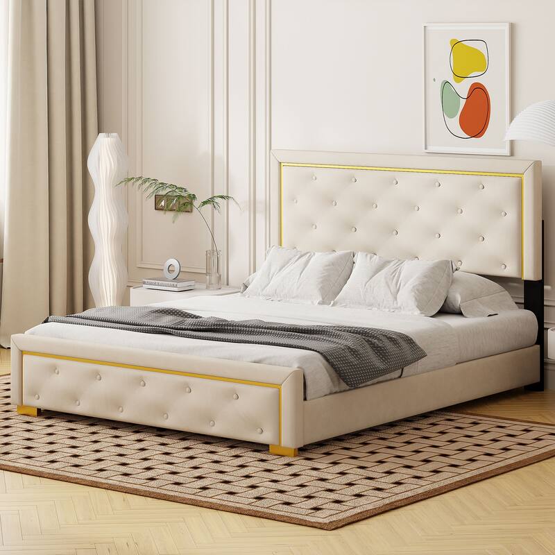 Velvet Upholstered Platform Bed With Pull Point Headboard And Metal Wire Frame