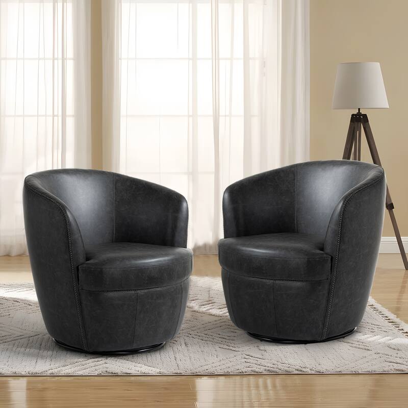 2 Set Faux Leather Club Swivel Barrel Accent Chair - Black