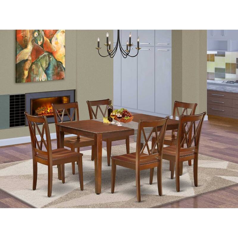 HomeStock 7-Piece Rectangle Mahogany Finish Solid Wood Top Dining Table with 6 Chairs with Cross Back